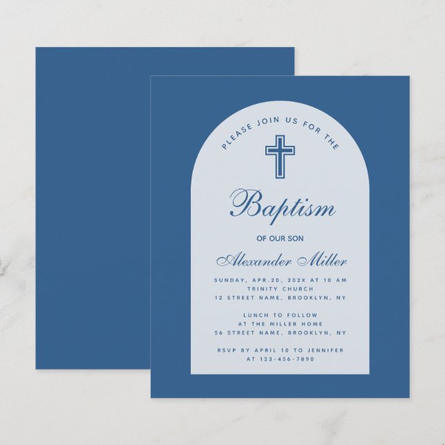 Budget Arch Classic Blue Boy Baptism-inbjudan (Fram/baksida)