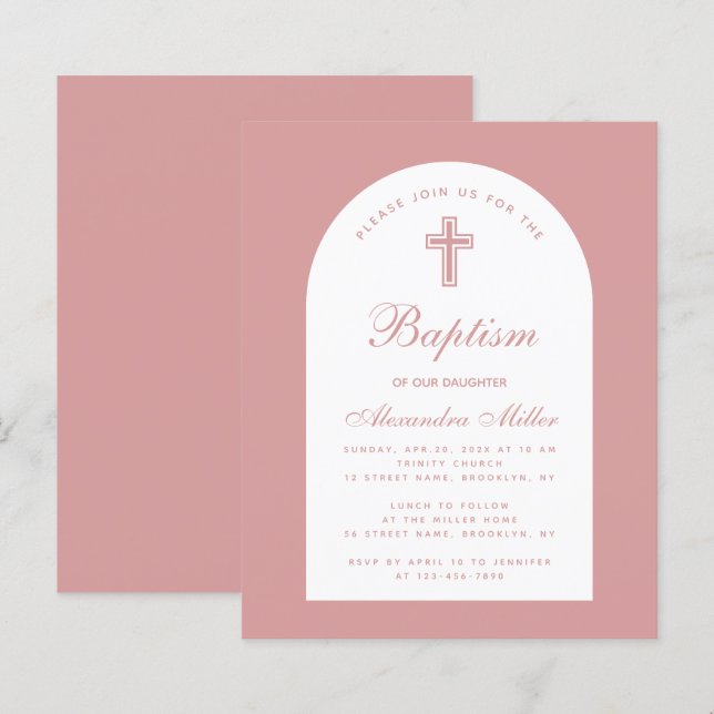 Budget Ark Dusty Rose Flickdop Invitation (Fram/baksida)