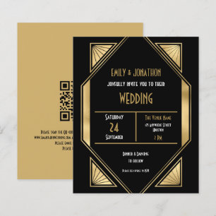 Budget Art Deco Guld Black QR bröllopsinbjudan
