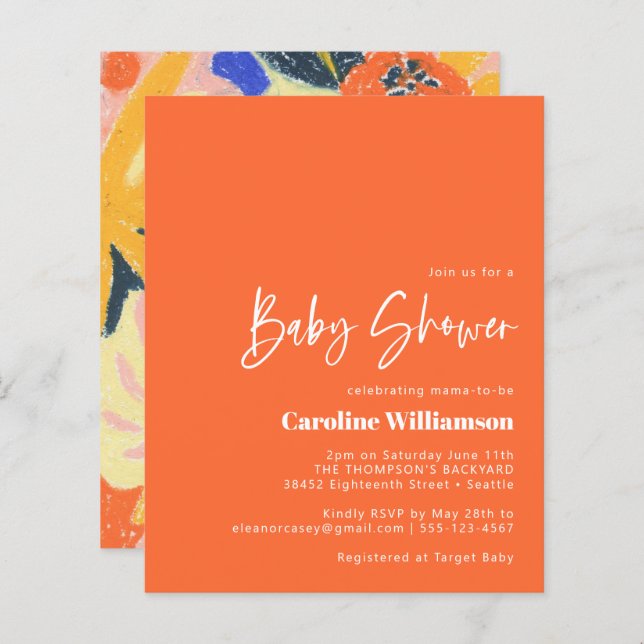 Budget Artsy Abstrakt Botanical Orange Baby Shower (Fram/baksida)