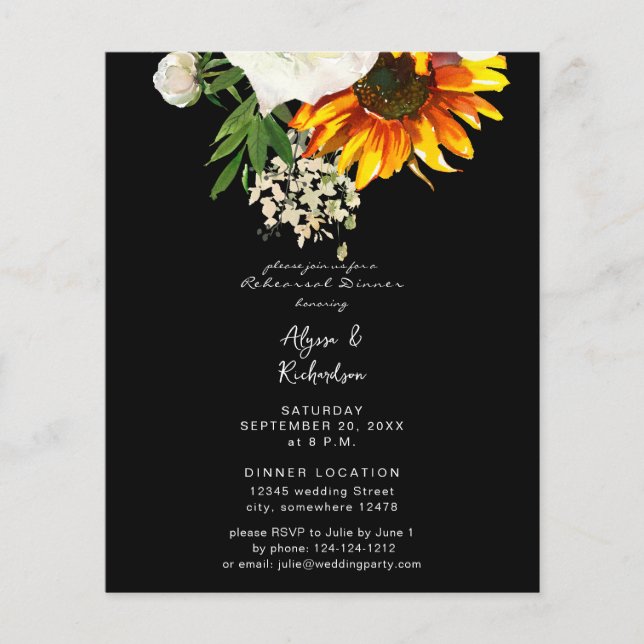 Budget Artsy Solros Blommigt Rehearsal Dinner B Flygblad (Framsidan)