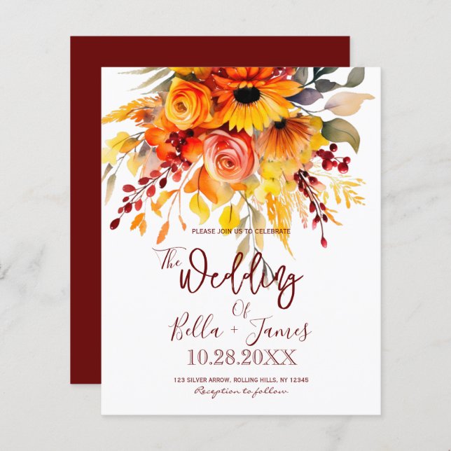 Budget Autumn Flowers Foliage Wedding bjudande (Fram/baksida)