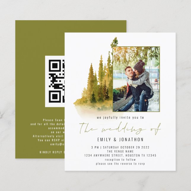 Budget Autumn Forest Photo QR Olive Wedding Invest (Fram/baksida)