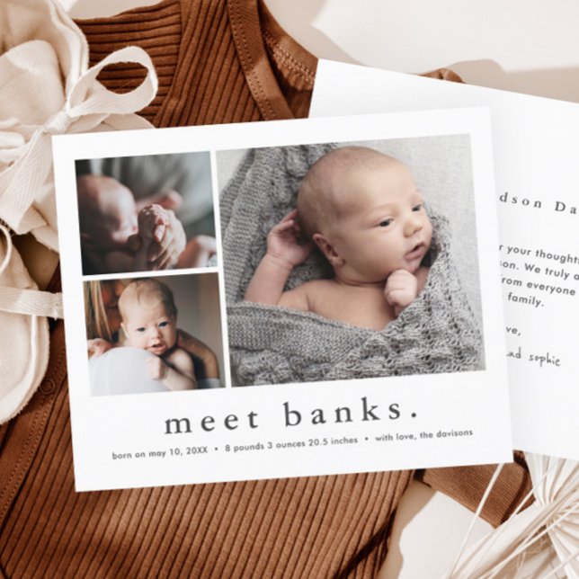 Budget Baby Photo Collage Birth Notice (Simple Typography 3 Photo Collage Baby Stats Birth Announcement Thank You Cards.)