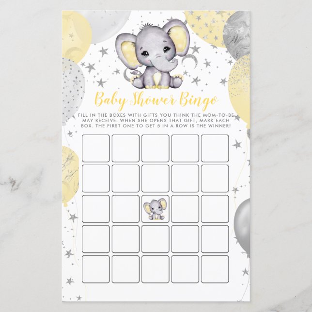 Budget Baby Shower Bingo Gult Elephant Game (Framsida)