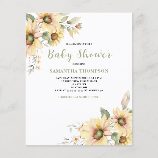 Budget Baby Shower Blommig Botanisk Inbjudan  Flygblad (Framsidan)