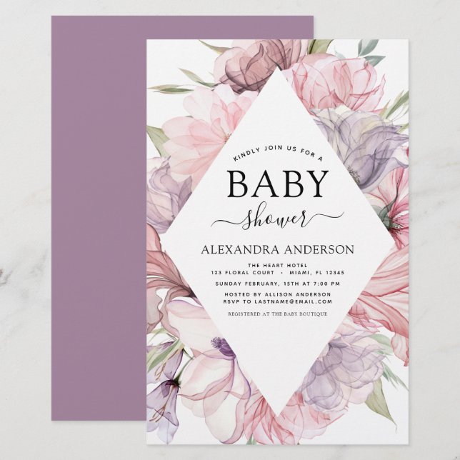 Budget Baby Shower Boho Dusty Rosa Lila (Fram/baksida)