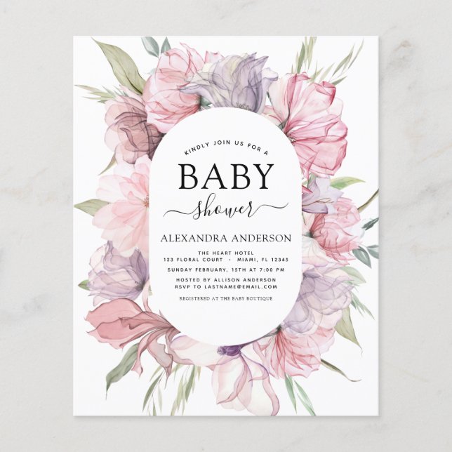 Budget Baby Shower Boho Dusty Rosa Lila Flygblad (Framsidan)