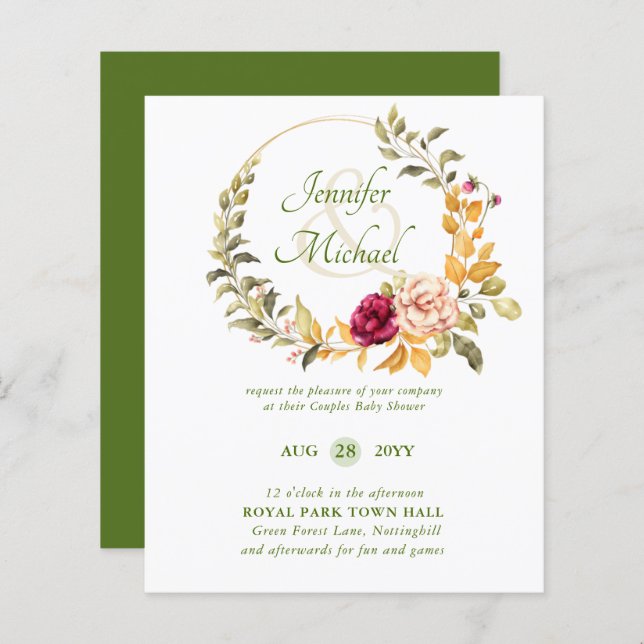 BUDGET Baby Shower Burgundy Blommigt WAN Inbjudan (Fram/baksida)