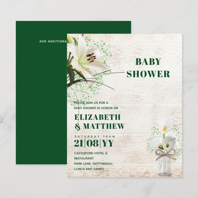 BUDGET Baby Shower Cala Lillie Rustic Chic Shabby (Fram/baksida)