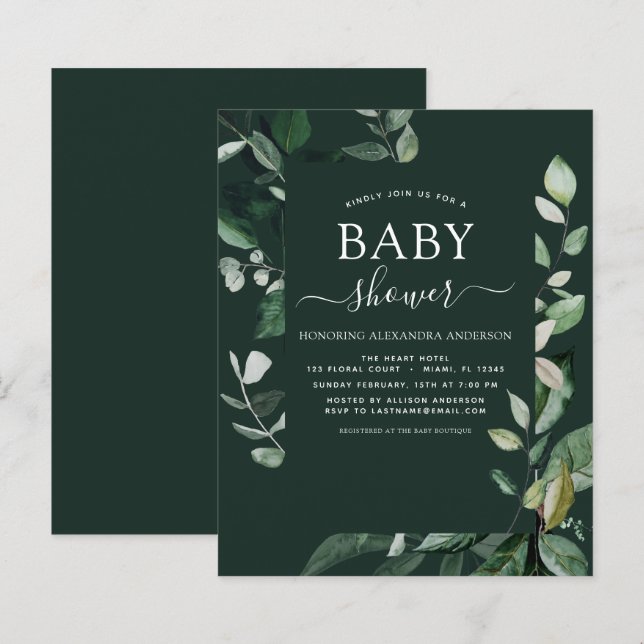 Budget Baby Shower Emerald Grönt Botanical (Fram/baksida)
