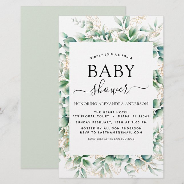 Budget Baby Shower Eucalyptus Botanical Geometric (Fram/baksida)