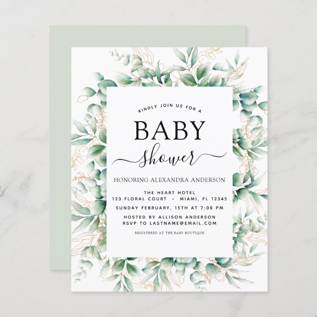 Budget Baby Shower Eucalyptus Botanical Geometric (Fram/baksida)