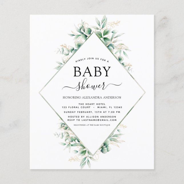 Budget Baby Shower Eucalyptus Botanical Geometric Flygblad (Framsidan)