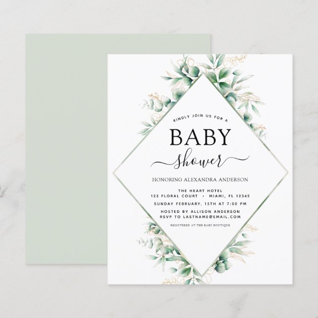 Budget Baby Shower Eukalyptus Botanisk Geometrisk (Fram/baksida)