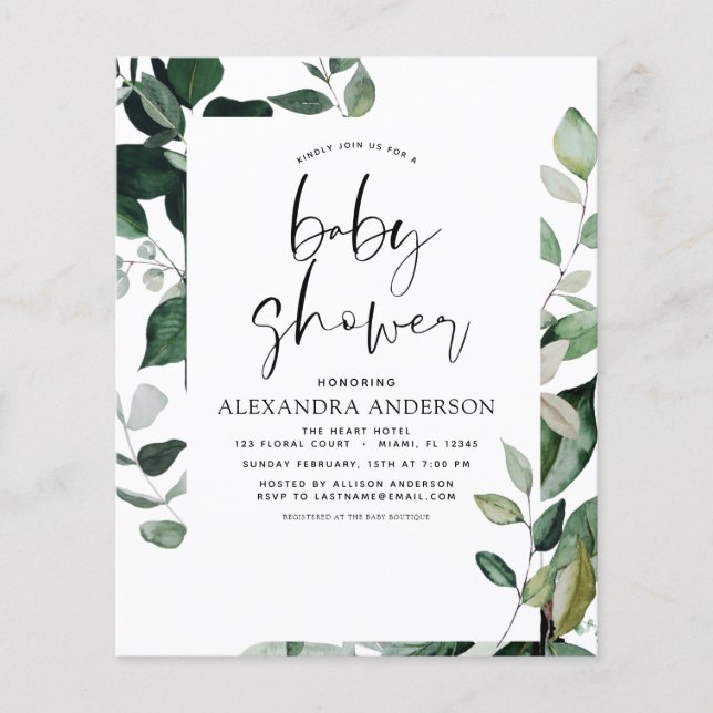 Budget Baby Shower Greenery Botaniy Flygblad (Framsidan)