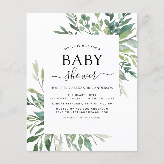 Budget Baby Shower Greenery Botaniy Flygblad (Framsidan)