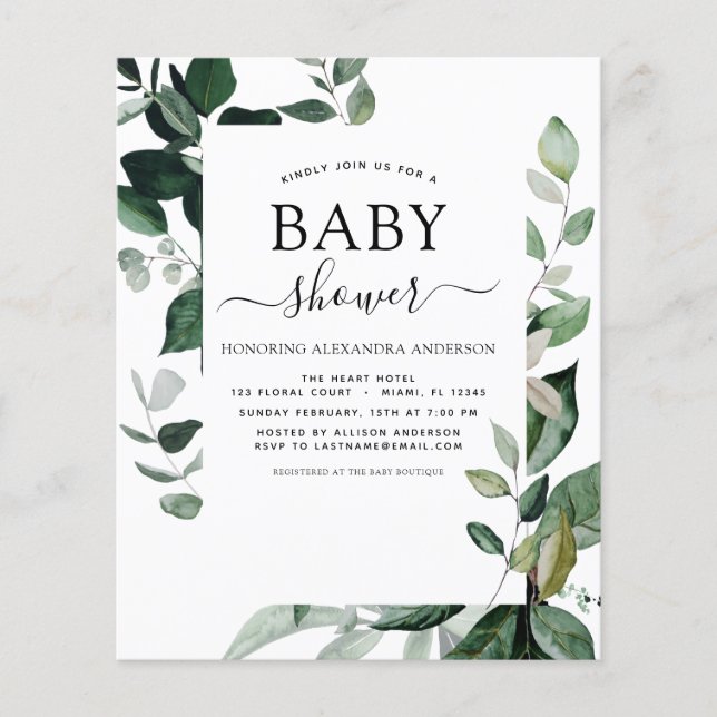 Budget Baby Shower Greenery Botaniy Flygblad (Framsidan)