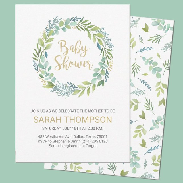 Budget Baby Shower Greenery Eucalyptus Inbjudningar (An elegant eucalyptus greenery baby shower invitation. Personalize it with your party information)