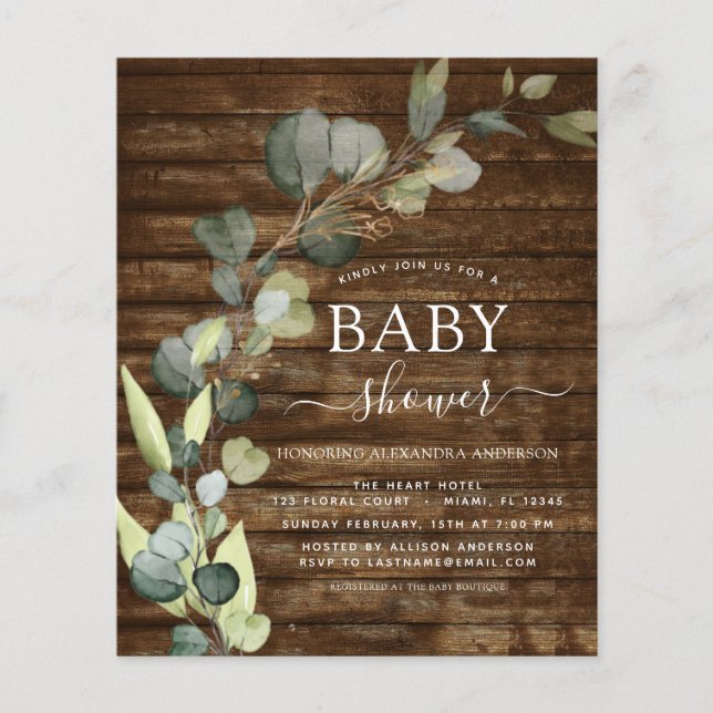 Budget Baby Shower Greenery Eucalyptus Rustic Flygblad (Framsidan)
