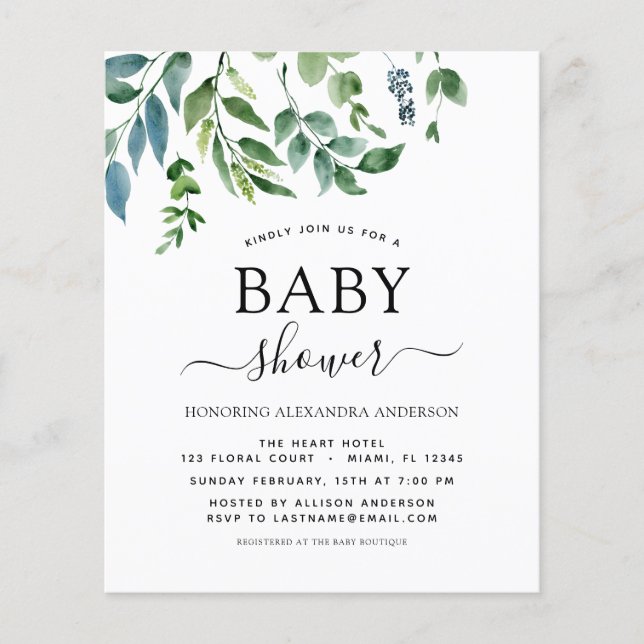 Budget Baby Shower Grey Botanical-inbjudan Flygblad (Framsidan)