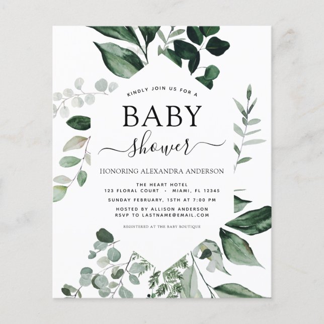 Budget Baby Shower Grey Botanical-inbjudan Flygblad (Framsidan)