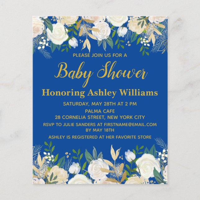 Budget Baby Shower Inbjudan Royal Blå Pojke Guld (Framsida)