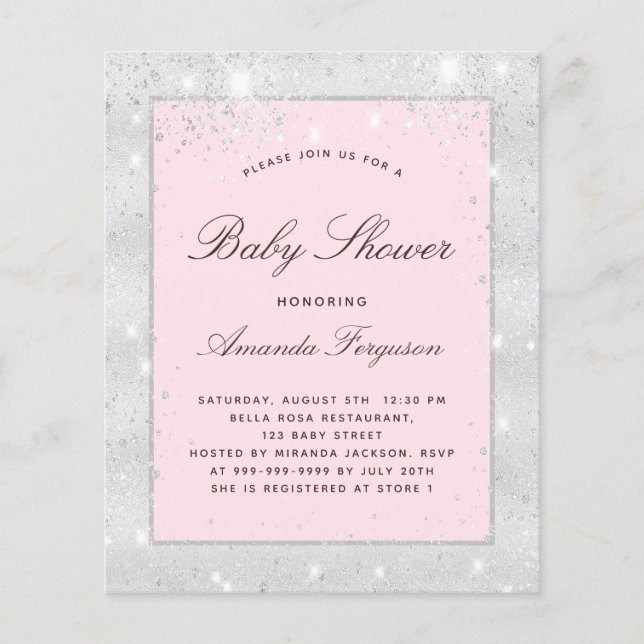 Budget baby shower inbjudan silver rosa flicka (Framsida)