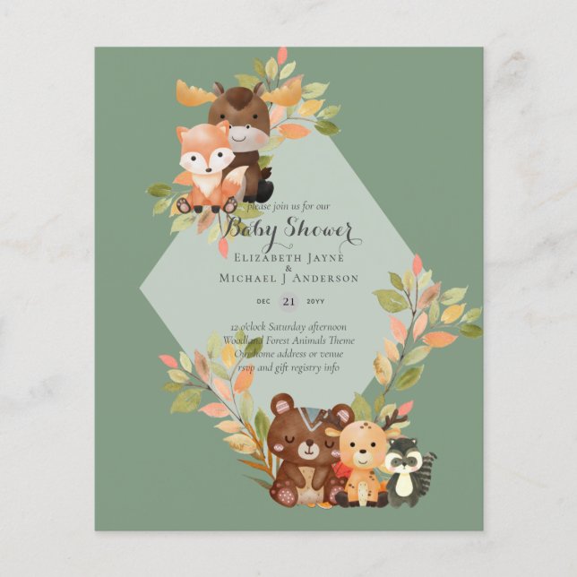 BUDGET BABY SHOWER INVITATIONS - Woodland Animals Flygblad (Framsidan)