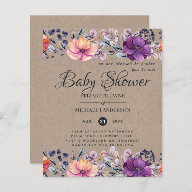 BUDGET Baby Shower Lila Orange Blommigt Inbjudan (Fram/baksida)