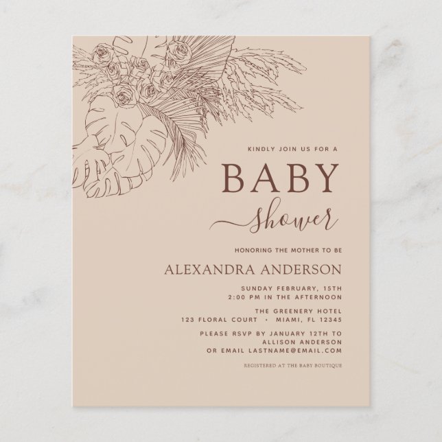 Budget Baby Shower Minimalist Pampas Grass Boho Flygblad (Framsidan)