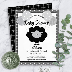 Budget Baby Shower Rolig Svart Vit Lamm Inbjudan