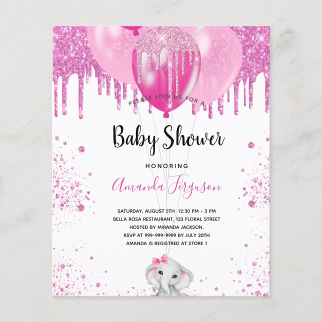 Budget Baby Shower rosa glitter elephant Girl (Framsida)