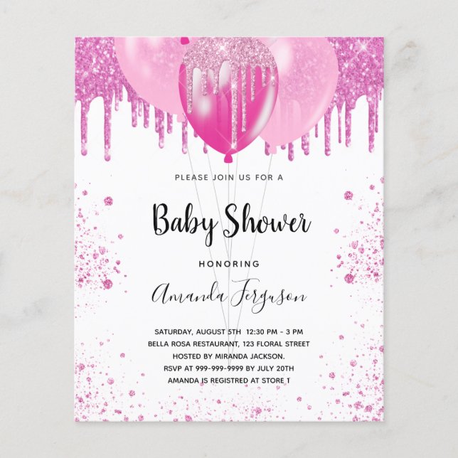 Budget Baby Shower rosa glitter Flickinbjudan (Framsida)