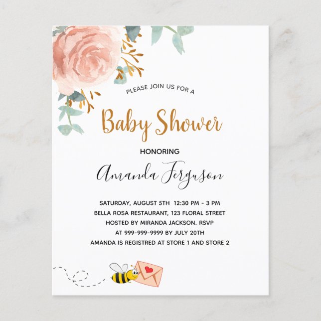 Budget Baby Shower rosa humla blommigt Greenery (Framsida)