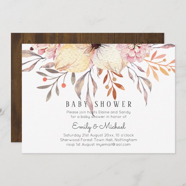 BUDGET Baby Shower Rosa Peach Blommigt Inbjudningar (Fram/baksida)