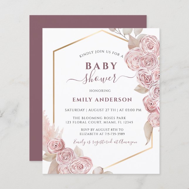 Budget Baby Shower Rosa Rosa Blommor och Guld (Fram/baksida)