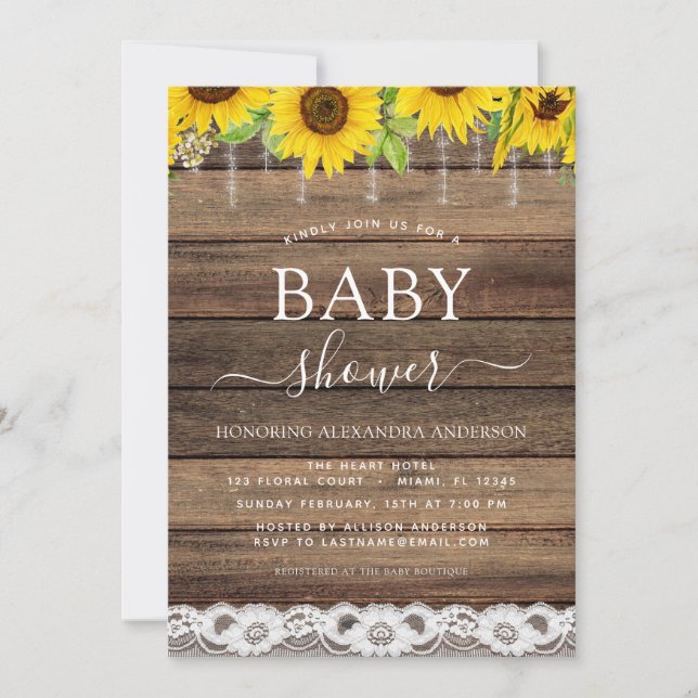 Budget Baby Shower Rustic Solros Farmhouse Inbjudningar (Framsida)