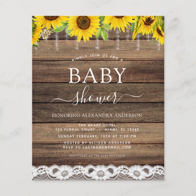 Budget Baby Shower Rustic Solros-inbjudan Flygblad (Framsidan)