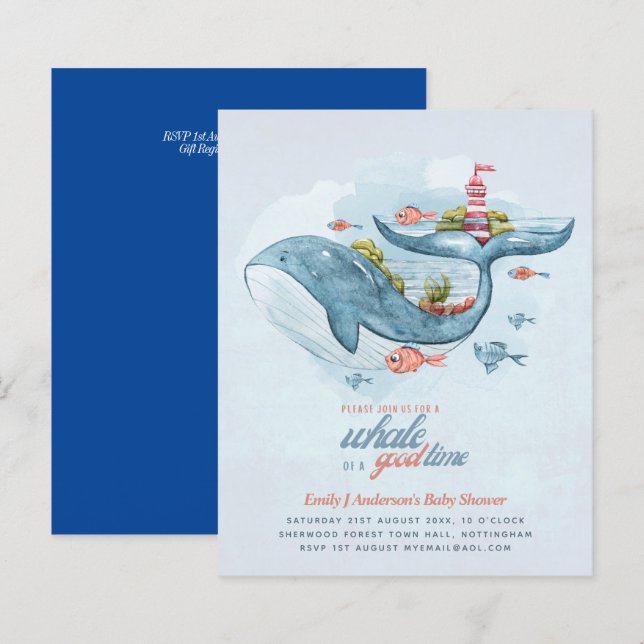 BUDGET Baby Shower Sea Life Whale Boys Blue Inbjud (Fram/baksida)