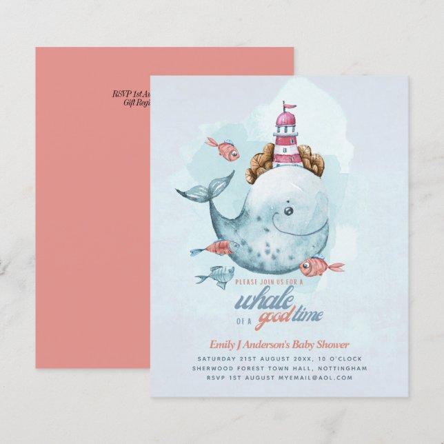 BUDGET Baby Shower Sea Life Whale Boys Blue Inbjud (Fram/baksida)