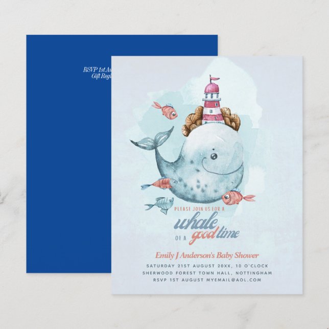 BUDGET Baby Shower Sea Life Whale Boys Blue Inbjud (Fram/baksida)