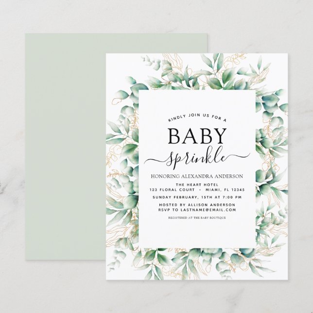 Budget Baby Shower Sprinkle Eucalyptus Geometric (Fram/baksida)