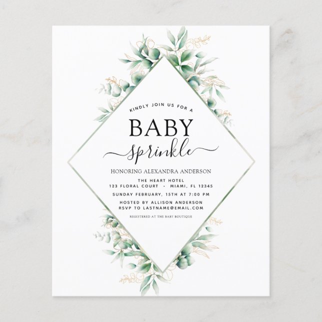 Budget Baby Shower Sprinkle Eucalyptus Geometric Flygblad (Framsidan)
