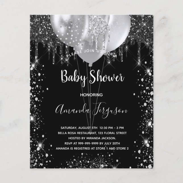 Budget Baby Shower svart silver inbjudan (Framsida)