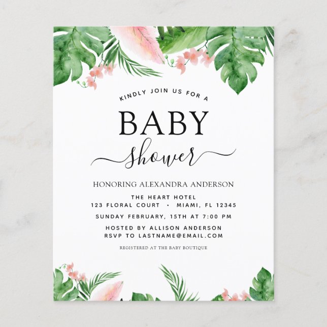 Budget Baby Shower Tropical Handflatan Blommigt Wa Flygblad (Framsidan)
