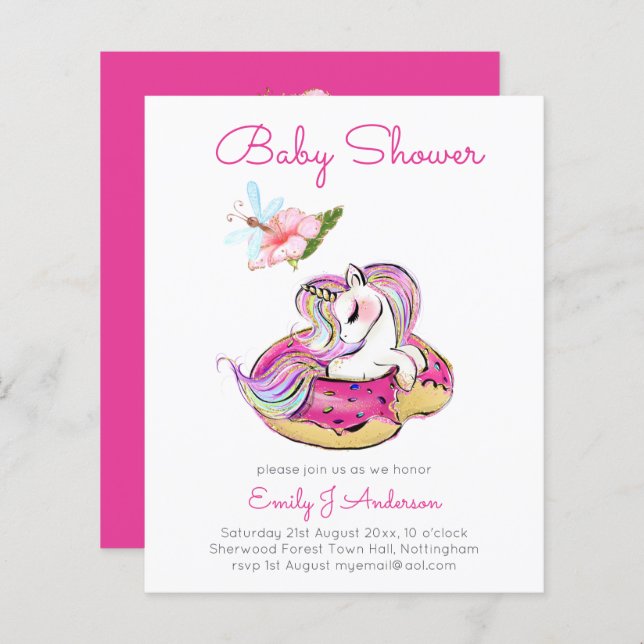 BUDGET Baby Shower Unicorn Donut Rosa Girls Inbjud (Fram/baksida)
