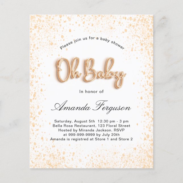 Budget Baby Shower, vit guld glitter-flicka (Framsida)