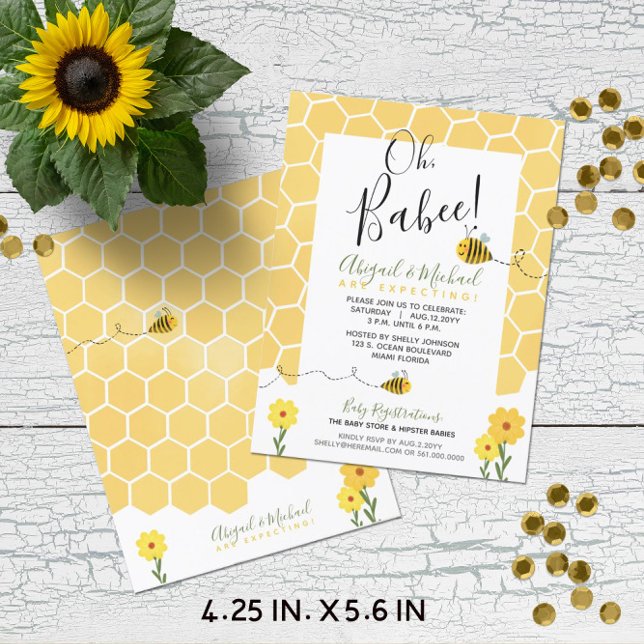 Budget Baby Shower Watercolor Humla Inbjudan (Budget-Friendly Gender-Neutral Bumble Bee Baby Shower Invitation (4.25 x 5.6 in.) "Oh, Babee!")
