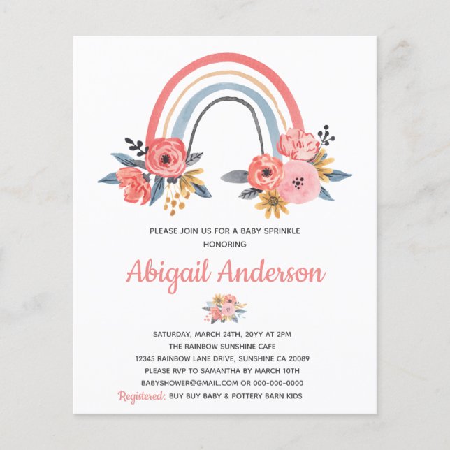 Budget Baby Sprinkle Regnbåge Blommig Inbjudan (Framsida)